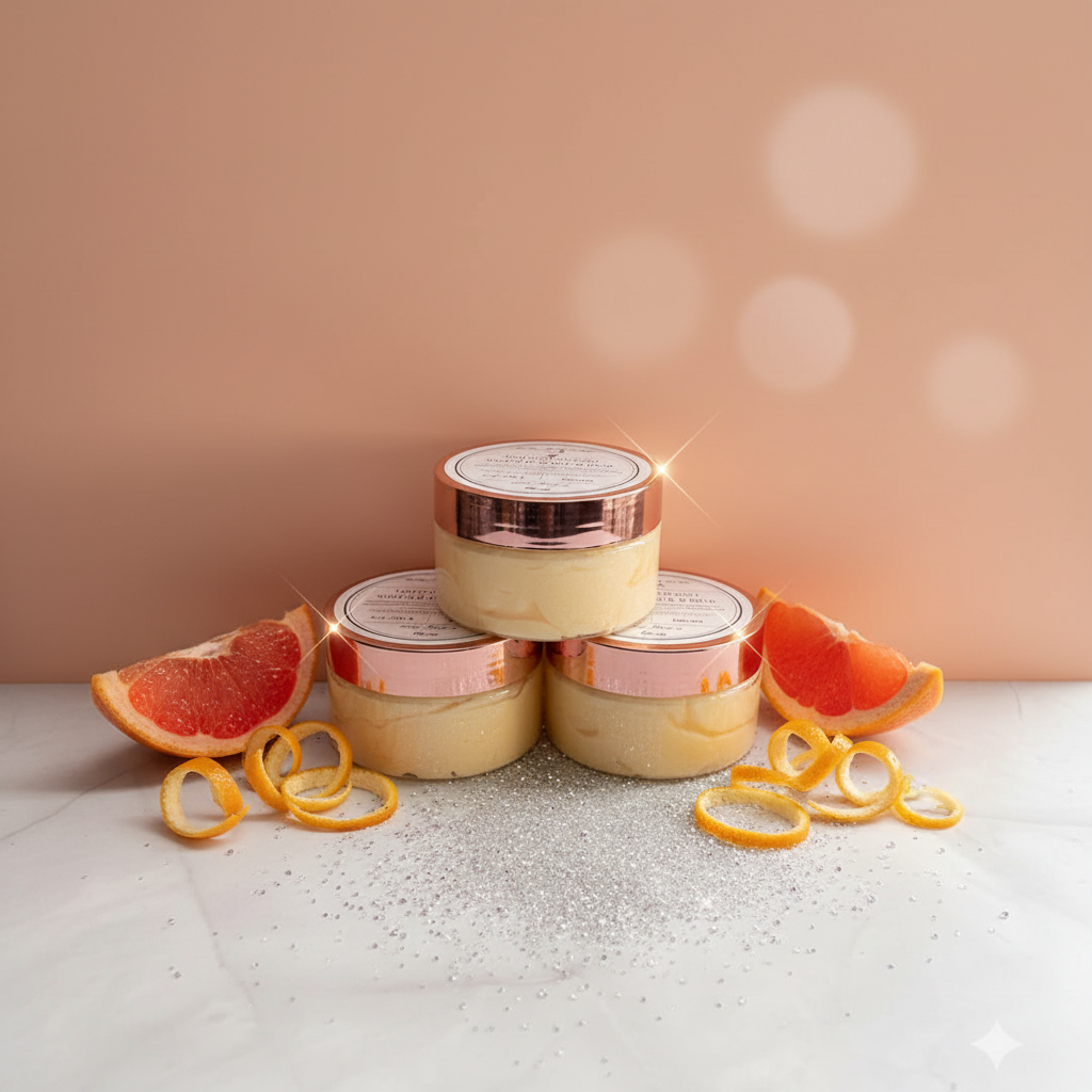 GrapeFruit Soufflé Body Butter - clear jars with rose gold lids and grapefruit slices