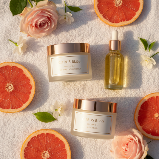 Grapefruit Soufflé Glow Kit flat lay with rose gold lids